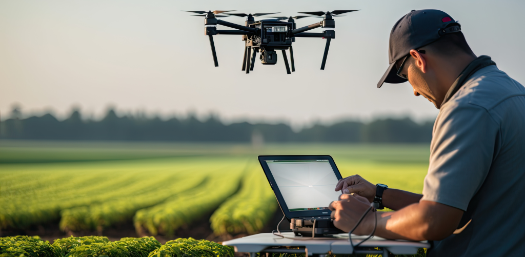 A man is looking down at his controller and a drone is flying above him.