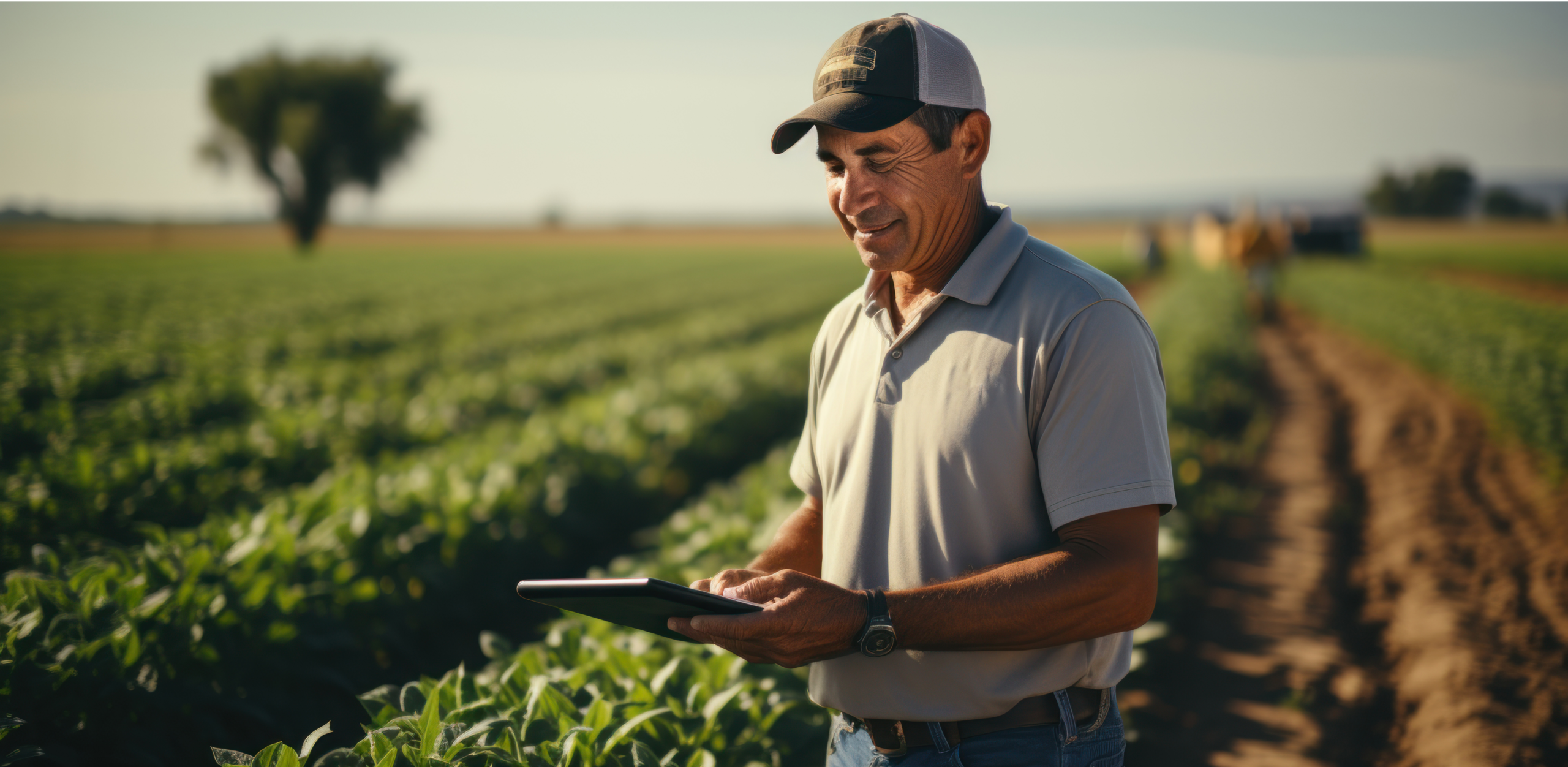 A farmer is smiling as he looks down at his crops.