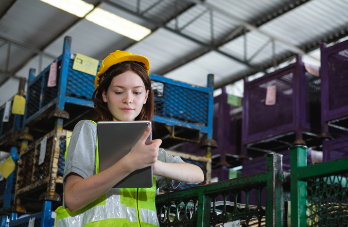A woman is working on her tablet. She is wearing construction-wear.