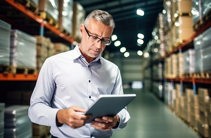 A bespectacled man is looking at his tablet. He is in a warehouse.