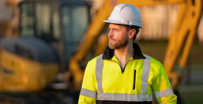 A man in a helmet stands in the middle of a construction site.