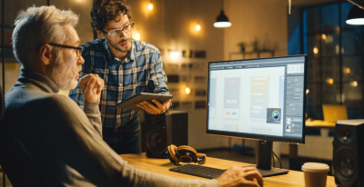 Two men are looking at a desktop screen.