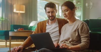 A man and a woman are sitting on a sofa looking at a tablet screen.
