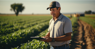 A farmer is smiling as he looks down at his crops.