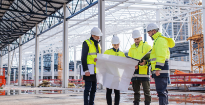 Four construction workers are looking at a plan.
