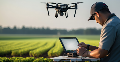 A man is looking down at his controller and a drone is flying above him.
