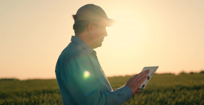 A man in a cap is standing in an open area under the sun.